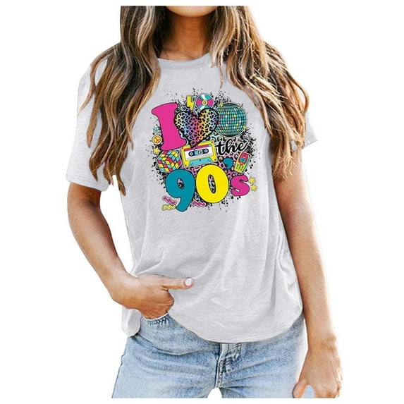 Summer Tops for Women Vintage 90's Stylish Casual Ladies Short Sleeved Party Print Top T Shirt plus Womens Tops Long Sleeve Shirt Women Stretchy Long Sleeve Yoga Top Solid T Shirts Ladies White L