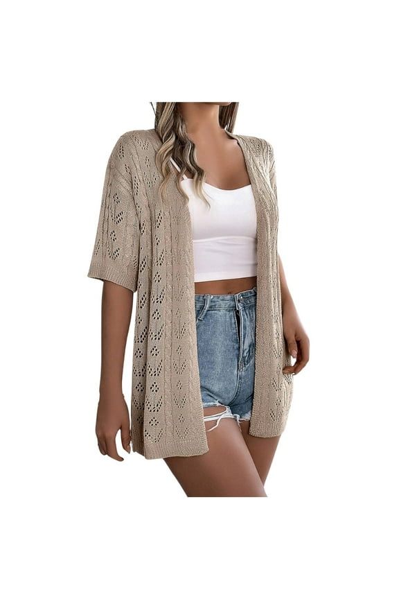 Summer Tops for Women Women's Hollowed Out Short Sleeved Knitted Cardigan Vacation Sun Shirt Sheer Mesh Long Sleeve Craft Womens Soft Shirts Junior T Shirt Teen Girl Womens Short Sleeve Butto Khaki XL