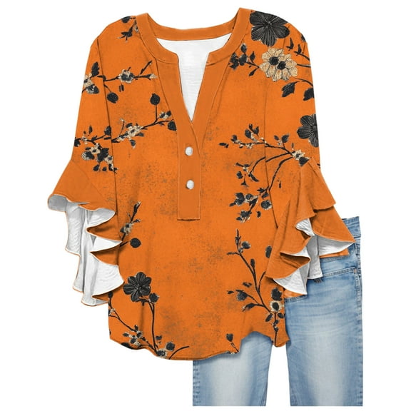 Summer Tops for Women Women's Puff 3/4 Sleeve Shirts Casual V Neck Floral Summer Blouse Pleated Casual Tunic Tops with Single-row Adjusting Buckle on Chest