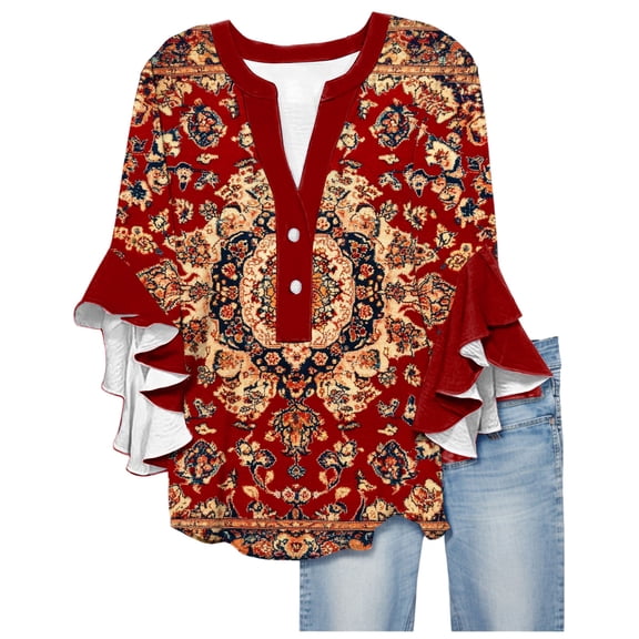 Summer Tops for Women Women's Puff 3/4 Sleeve Shirts Casual V Neck Floral Summer Blouse Pleated Casual Tunic Tops with Single-row Adjusting Buckle on Chest