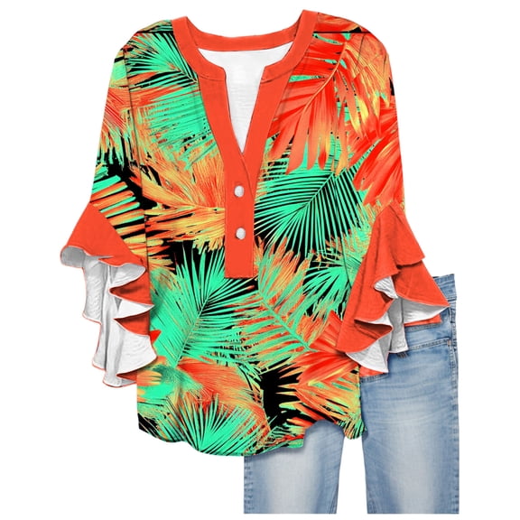 Summer Tops for Women Women's Puff 3/4 Sleeve Shirts Casual V Neck Floral Summer Blouse Pleated Casual Tunic Tops with Single-row Adjusting Buckle on Chest