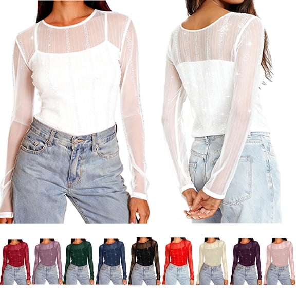 Summer Tops for Women Womens Blouses Women's Solid Elegant Sparkling Party Cocktail Party Elastic Mesh Hot Long Sleeved Crew Neck Body Casual Lightweigh Undercover Pullover Tops White M