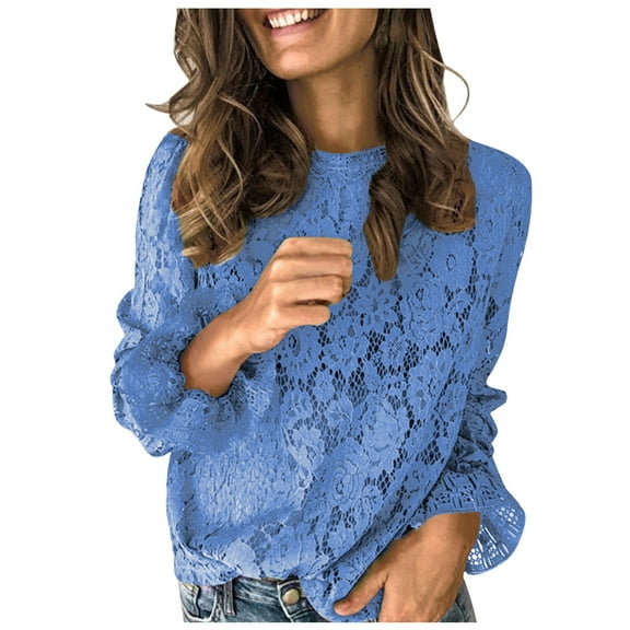 Summer Tops for Women, Womens Shirts, Elegant Hollow Lace Women Shirts Fashionable Blouses with Long Flare Sleeves Stylish O-Neck Design for Modern Women