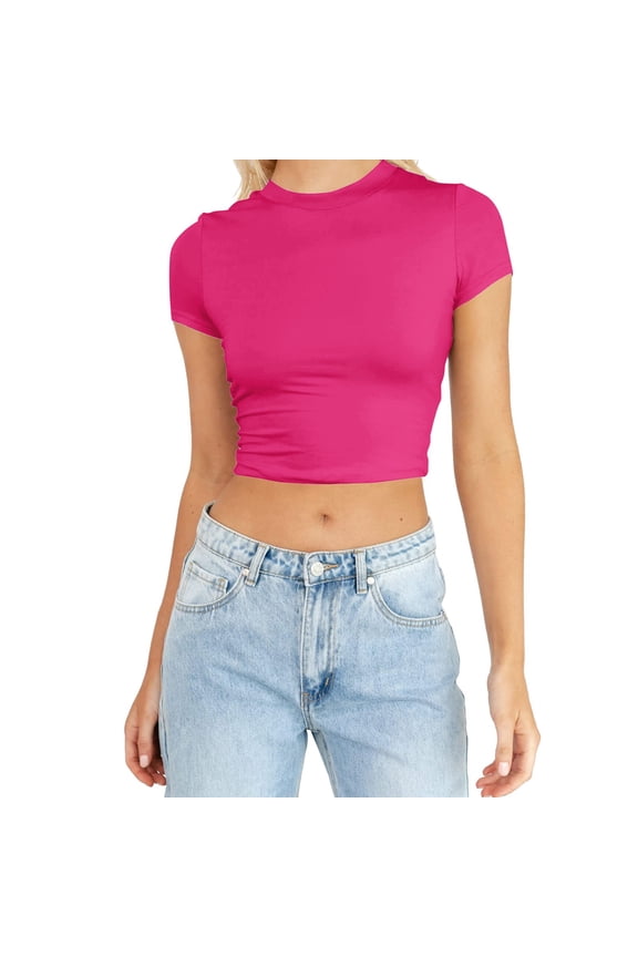 Summer Tops for Women Workout Shirt Womens Casual Work Tops Womens Neck Workout Short Sleeve Shirt Shirts Polyester Tees Women T Shirts T Short Sleeve for Long Hot Pink L