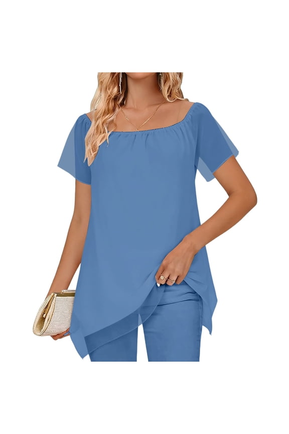 Summer Tops Women's Chiffon Elegant Off Shoulder Short Sleeved Top With Asymmetrical Hem Women's Blouse