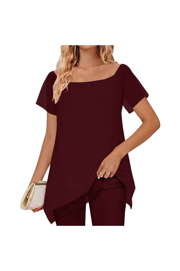 Summer Tops Women's Chiffon Elegant Off Shoulder Short Sleeved Top With Asymmetrical Hem Women's Blouse