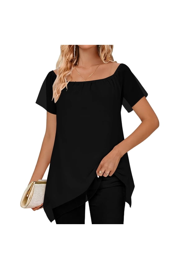 Summer Tops Women's Chiffon Elegant Off Shoulder Short Sleeved Top With Asymmetrical Hem Women's Blouse