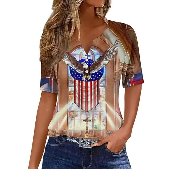 Summer Tops for Womens 2025 American Flag T-Shirt Fashion Star Stripes Graphic Tees 4th of July Short Sleeve Henley Shirts Button Down Casual USA Flag Tunic Tops Patriotic Blouses Outfits