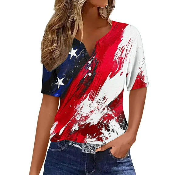 Summer Tops for Womens 2025 American Flag T-Shirt Fashion Star Stripes Graphic Tees 4th of July Short Sleeve Henley Shirts Button Down Casual USA Flag Tunic Tops Patriotic Blouses Outfits