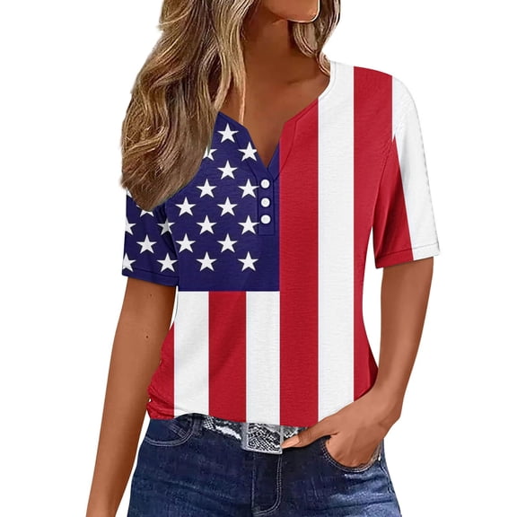 Summer Tops for Womens 2025 American Flag T-Shirt Fashion Star Stripes Graphic Tees 4th of July Short Sleeve Henley Shirts Button Down Casual USA Flag Tunic Tops Patriotic Blouses Outfits