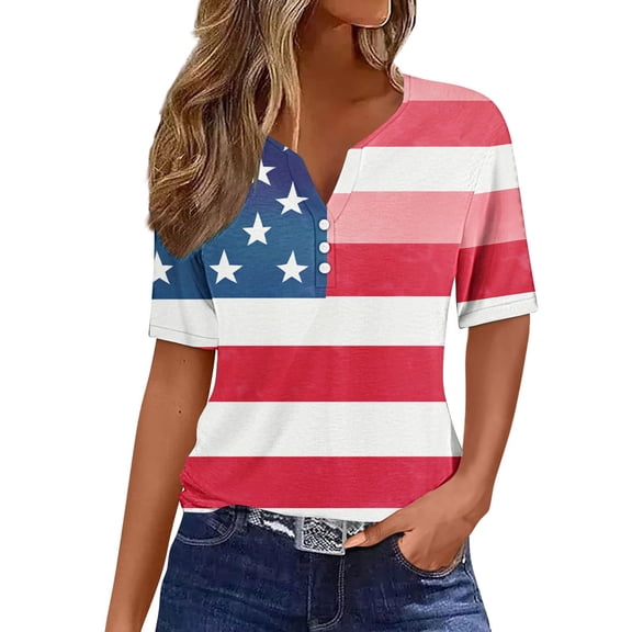 Summer Tops for Womens 2025 American Flag T-Shirt Fashion Star Stripes Graphic Tees 4th of July Short Sleeve Henley Shirts Button Down Casual USA Flag Tunic Tops Patriotic Blouses Outfits
