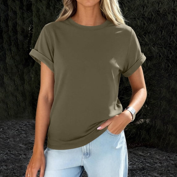 Summer Tops Womens 2026 Spring Casual Rolled Short Sleeve Basic Tees Crew Neck Work Shirts Fashion Clothing Army Green 2XL