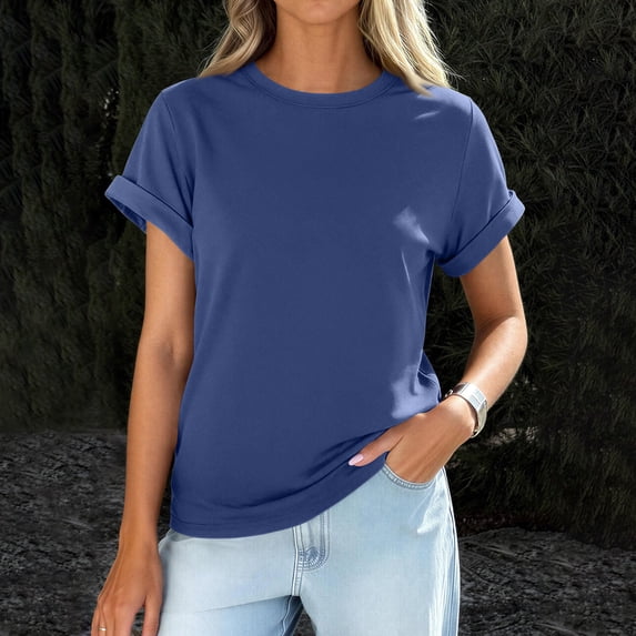Summer Tops Womens 2026 Spring Casual Rolled Short Sleeve Basic Tees Crew Neck Work Shirts Fashion Clothing Blue L