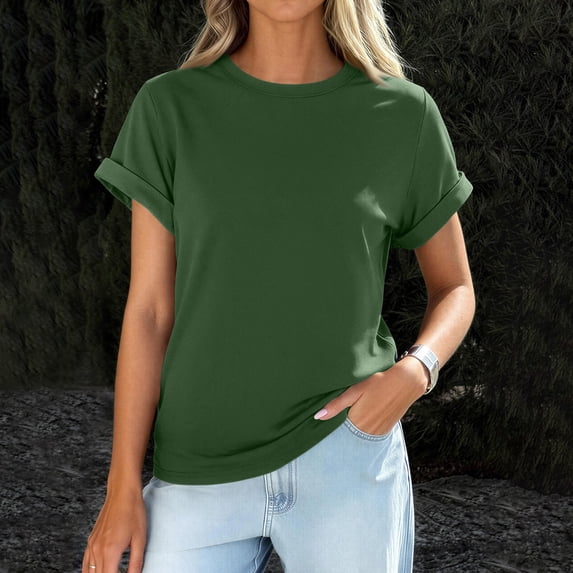 Summer Tops Womens 2026 Spring Casual Rolled Short Sleeve Basic Tees Crew Neck Work Shirts Fashion Clothing Dark Green XL