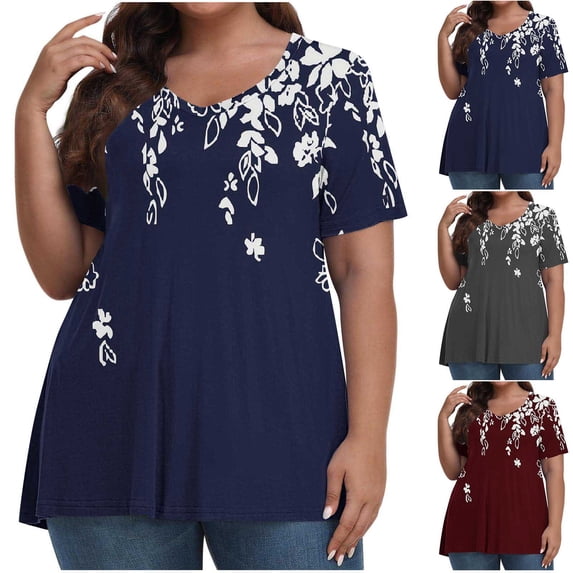 Summer Tops Womens Plus Size Tops Short Sleeve Shirts V Neck Fashion Women's Casual-Neck Solid Plus Large Short Sleeve Top Blouse T-Shirt Gray Xl