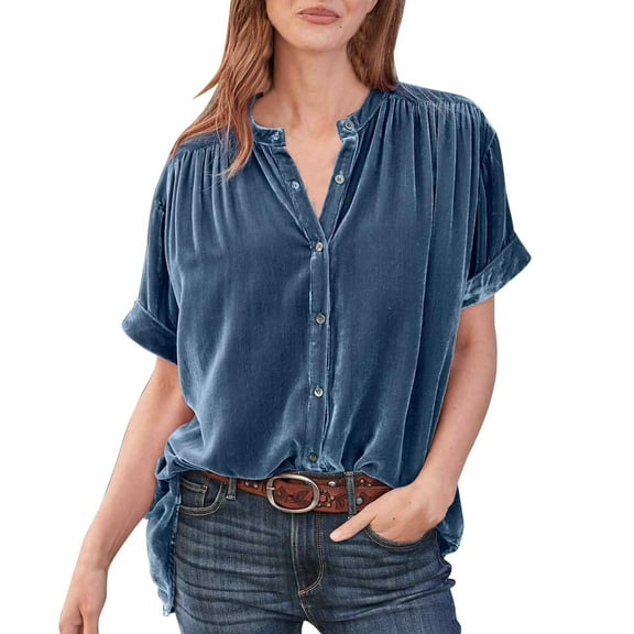 Summer Tops, Womens Shirts, Stylish Casual Women's Shirts - Soft Short Sleeve Velvet Button Down Blouses for Dressy Looks and Everyday Wear