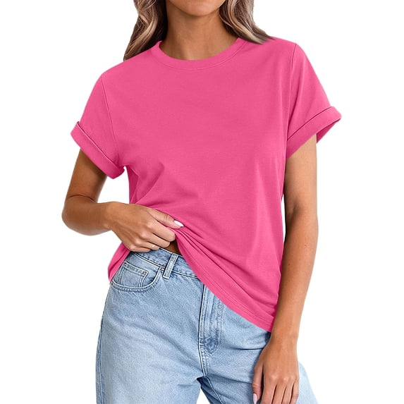 Summer Tops Womens Short Sleeve Basic Casual Crew Neck T Shirts Trendy Fashion 2026 Hot Pink M