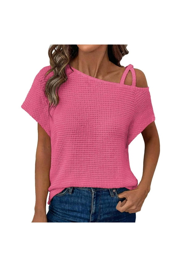 Summer Tops Womens Summer Top Off One Shoulder Knit Short Sleeve T Shirts Casual Lightweight Solid Color Blouses