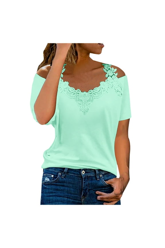 Summer Tops Womens T Shirts Floral Lace Patchwork Strappy Cold Shoulder Tee Loose Short Sleeve V Neck Tunics Blouses