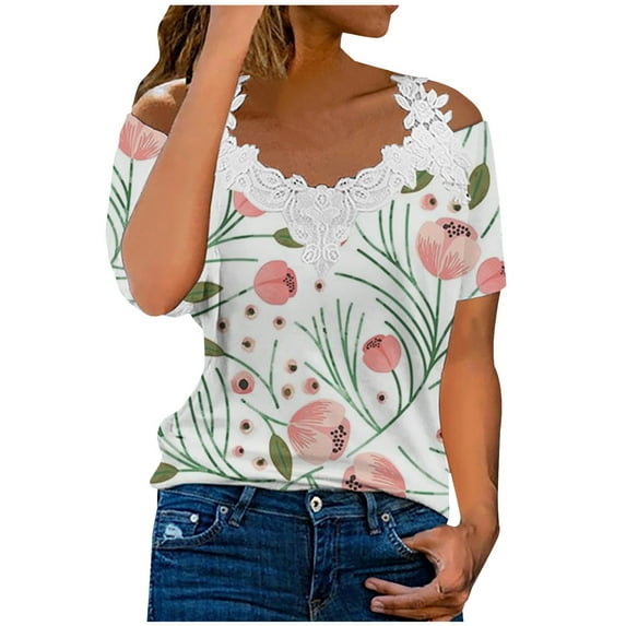 Summer Tops Womens T Shirts Floral Lace Patchwork Strappy Cold Shoulder Tee Loose Short Sleeve V Neck Tunics Blouses