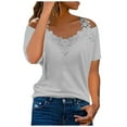 thumbnail image 1 of Summer Tops Womens T Shirts Floral Lace Patchwork Strappy Cold Shoulder Tee Loose Short Sleeve V Neck Tunics Blouses, 1 of 5