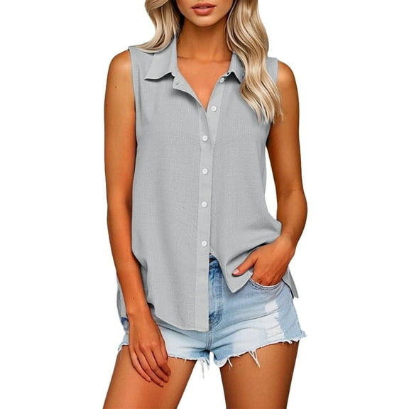 Summer Tops, Womens Tops, Trendy Women's Button-Up Shirts Casual Tops for Everyday Wear Summer Fashion Blouses Classic Collared and Sleeveless Blouses for and Home
