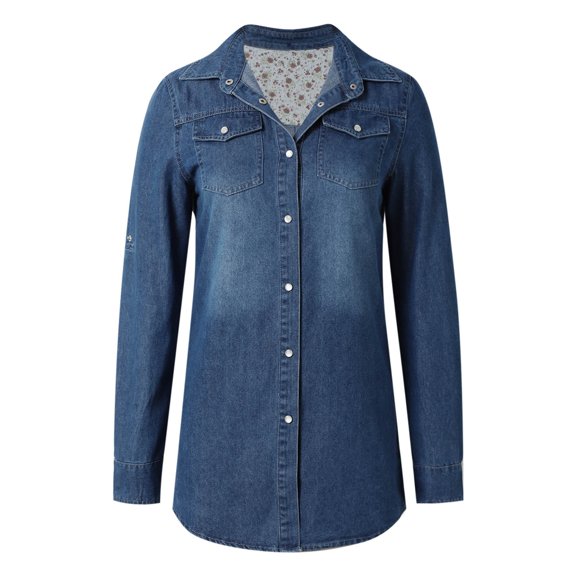 Summer Tops, Womens Tops, Trendy Women's Fashion Shirts Button Down Denim Jacket Long Sleeve Top with Pockets Casual Shacket for Fall Wear Comfortable Versatile Style