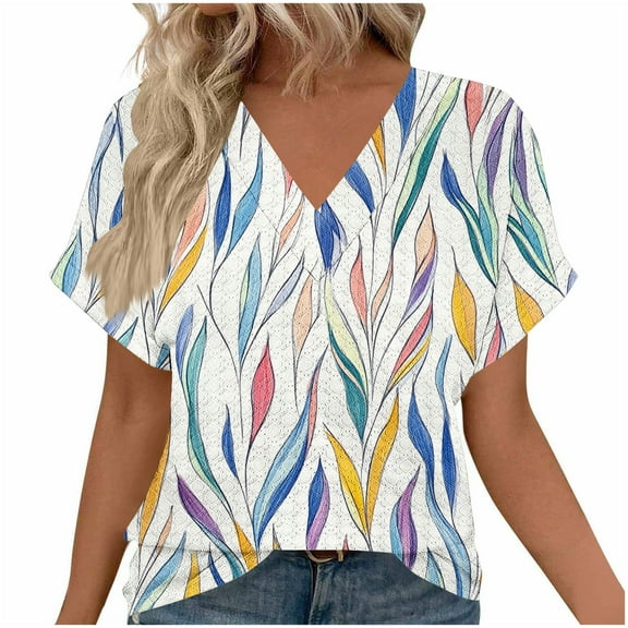 Summer Tops for Womens V Neck Tee Shirts Dot Point Printed T Shirt Short Sleeve Tops Loose Fitted T-Shirt Pullover Sweater Blouses Comfort Casual Tee Shirts Beach Vacation Clothes