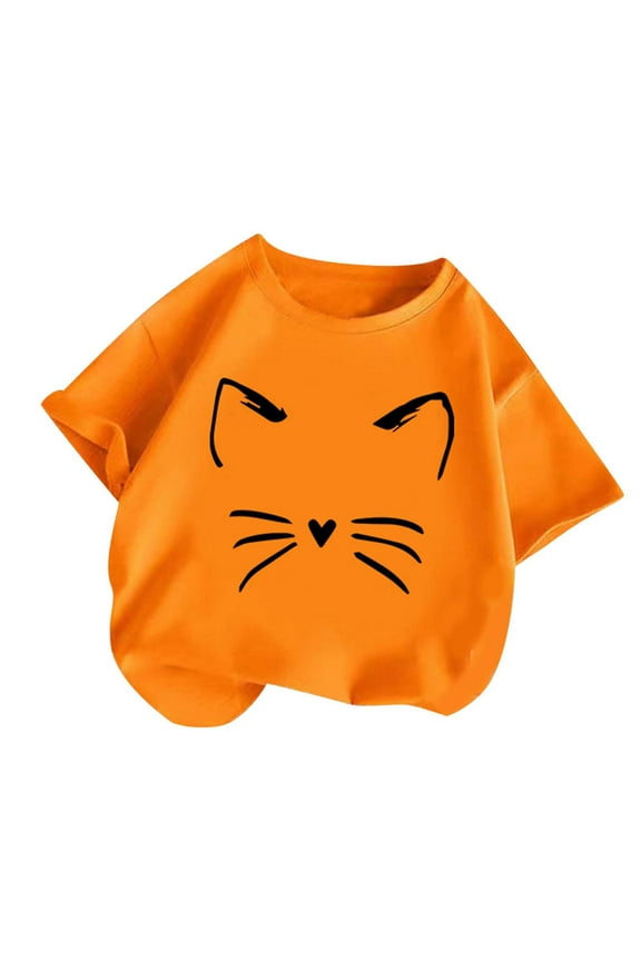 Summer Tops for Girls 10-12 Cute Cat Shirts Cartoon Cute Tops Soft Blouse Pullover T Shirt Fashion Shirts #Orange(11-12 Years)