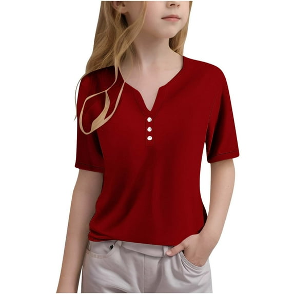 Summer Tops for Girls Trendy Short Sleeve Button V Neck T Shirt Casual Fashion Spring Tee Clothes 3-14 Years