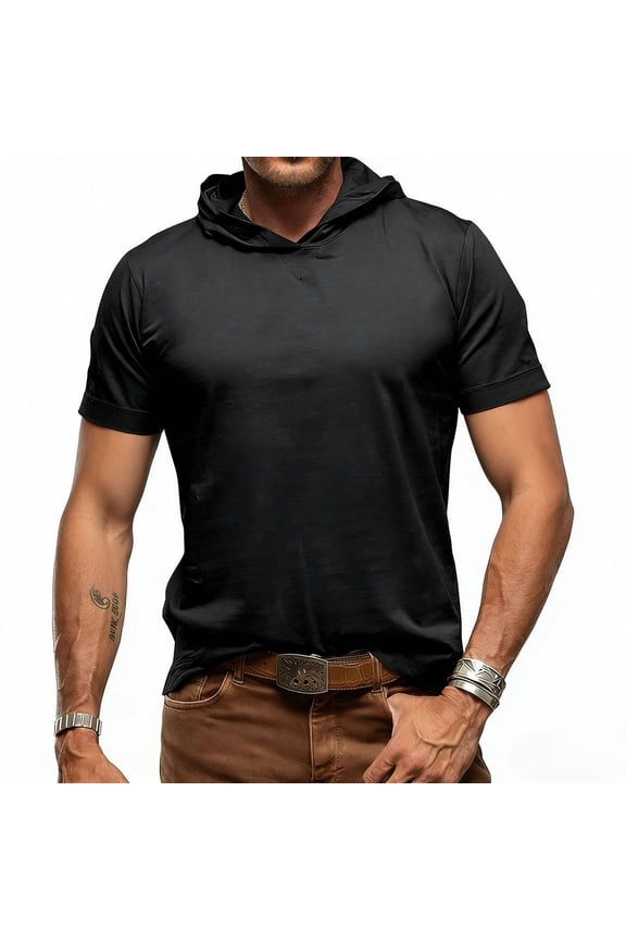 Summer Tops for Man Solid Color Short Sleeve Hooded Casual Breathable T-Shirt
