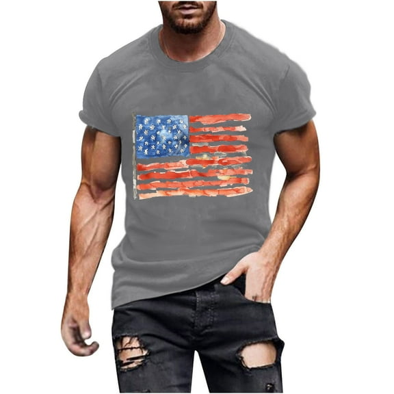 Summer Tops for Men Mens 4Th Of July Shirts American Flag Patriotic Short Sleeve T-Shirt Gray 3Xl