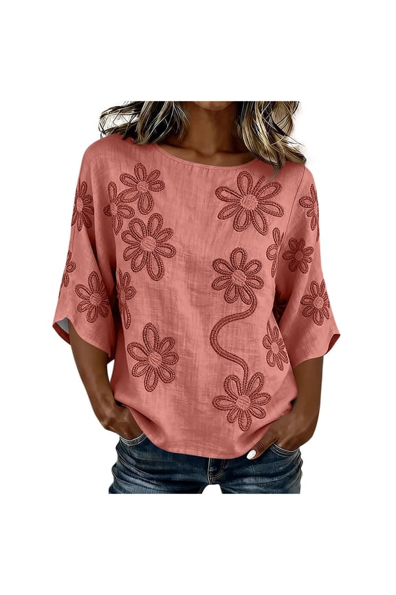 Summer Tops for Women 100% Cotton Fashion Casual Embroidery Round Neck 3/4 Sleeve Spring Blouse Tops