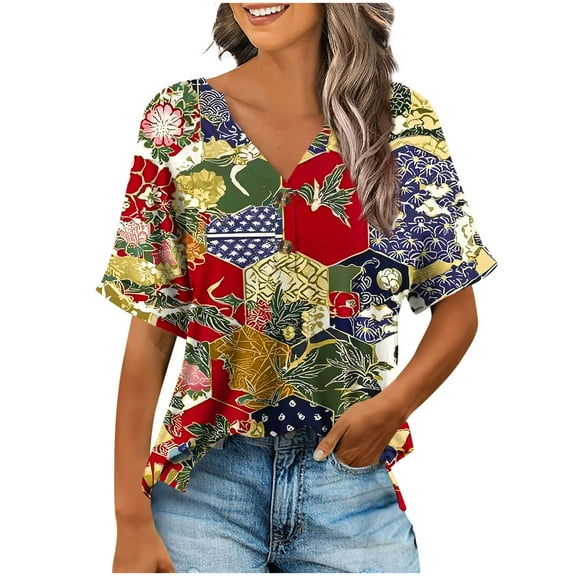 Summer Tops for Women 2-button V Neck Floral Printed Dressy Casual Tees Short Sleeve Loose Tunic Blouses Tshirts (M, Red)