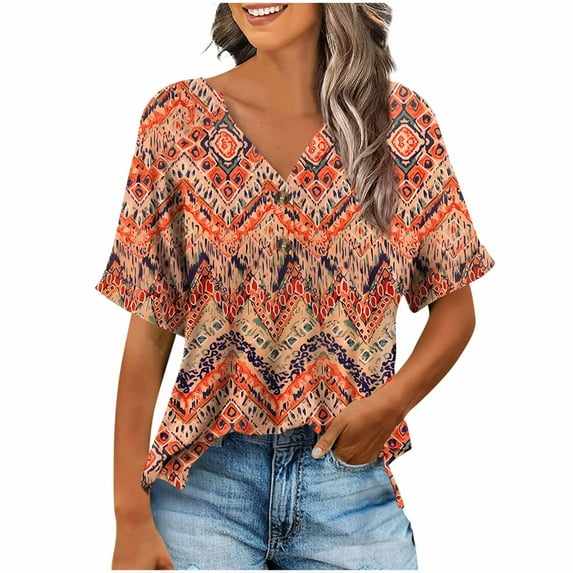 Summer Tops for Women 2-button V Neck Floral Printed Dressy Casual Tees Short Sleeve Loose Tunic Blouses Tshirts (S, Orange)