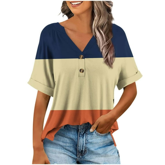 Summer Tops for Women 2-button V Neck Floral Printed Dressy Casual Tees Short Sleeve Loose Tunic Blouses Tshirts (XL, Multicolor)