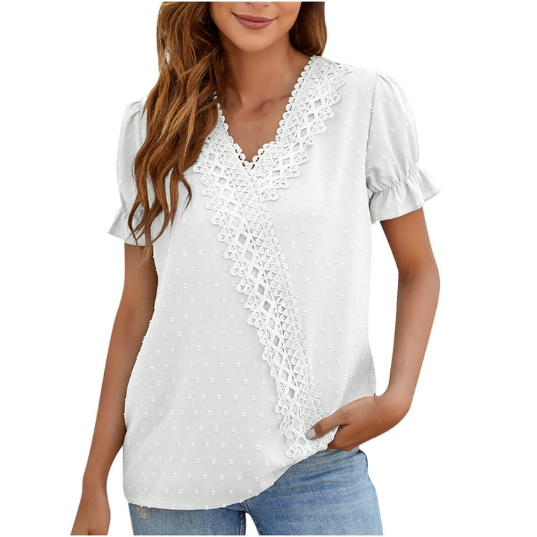Summer Tops for Women 2024 Crochet Eyelet Tops For Women Lace V Neck Work Shirts Summer Ruffled Short Sleeve T Shirt Blue Light Weight Blouses