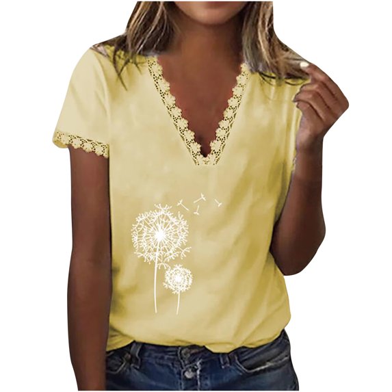 Summer Tops for Women 2023 Solid Basic Short Sleeve Blouses Tops Lace Trim Henley V Neck Print T Shirts Tunic Tees