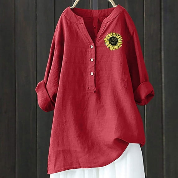 Summer Tops for Women 2023 Solid Color /Floral Print Cotton Linen Blouses Casual Button Up Shirts Plus Size 3/4 Roll Sleeve Tunic Shirts Tops