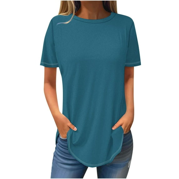 Summer Tops for Women Mgmyaa Women T-Shirts Plus Size Crew Neck Short Sleeve Tops Fashion Solid Color Fit Casual Tees