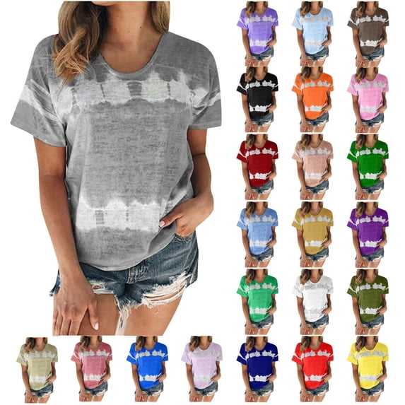 Summer Tops for Women Mgmyaa Women T-Shirts Plus Size Crew Neck Short Sleeve Tops Fashion Tie Dye Print Fit Casual Tees