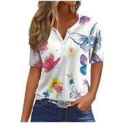 Summer Tops for Women 2024 Clearance! Mgmyaa Women Tops Plus Size V-Neck Short Sleeve Tops Fashion Floral Print Fit Casual Tees, Shirts