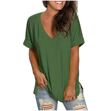 Summer Tops for Women Gradient Casual V Neck Short Sleeve T-Shirts Loose Fit Basic Work Office Blouses Tunic Tops