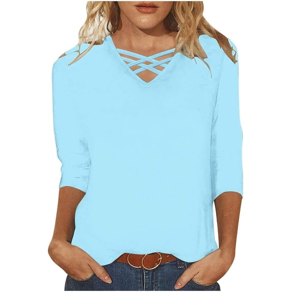 Summer Tops for Women 2024 Trendy Plus Size Casual 3/4 Length Sleeve V Neck Tee Shirts Fashion Henley Dressy Blouses