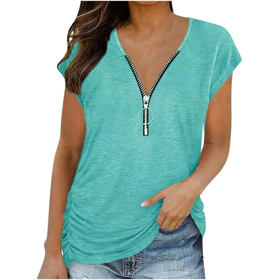 Summer Tops for Women 2024 Zipper V-neck Short Sleeve T Shirts Solid Casual Loose Lightweight Tunic Tee Tops Blouses