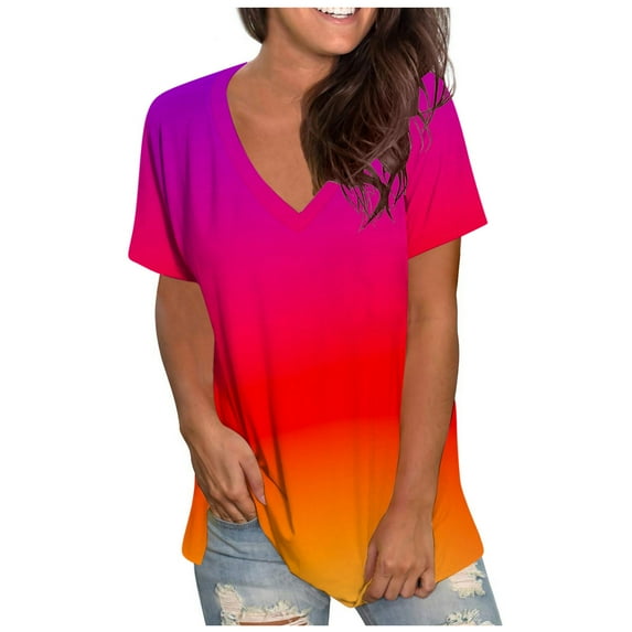 Summer Tops for Women Gradient Casual V Neck Short Sleeve T-Shirts Loose Fit Basic Work Office Blouses Tunic Tops