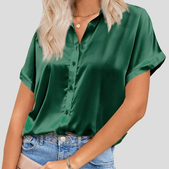 Summer Tops for Women 2025 Silk Button Down Satin Short Sleeve V Neck Casual Work Blouse Summer Shirts for Women GN1 XL