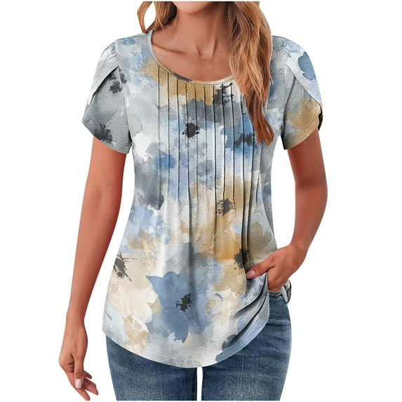 Summer Tops for Women 2025 Trendy Boho Floral Print Tunic Shirts Short Sleeve v Neck Tshirt Casual Loose Blouse