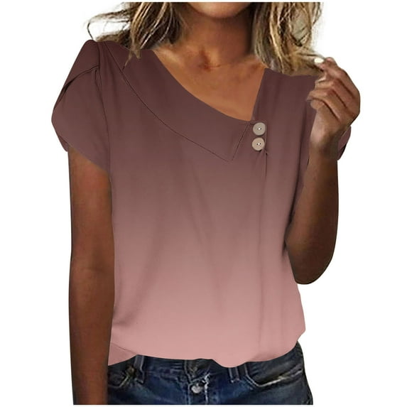 Summer Tops for Women 2025 Trendy Button V Neck Shirts Casual Short Sleeve Tunic Tshirt Basic Business Work Blouse