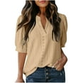thumbnail image 1 of Summer Tops for Women 2025 Trendy Casual Puff Short Sleeve Shirts Summer Henley V Neck T Shirt Tunic Tops (Khaki XXL), 1 of 6